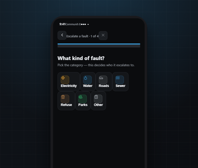 CommunitE app — report a fault flow