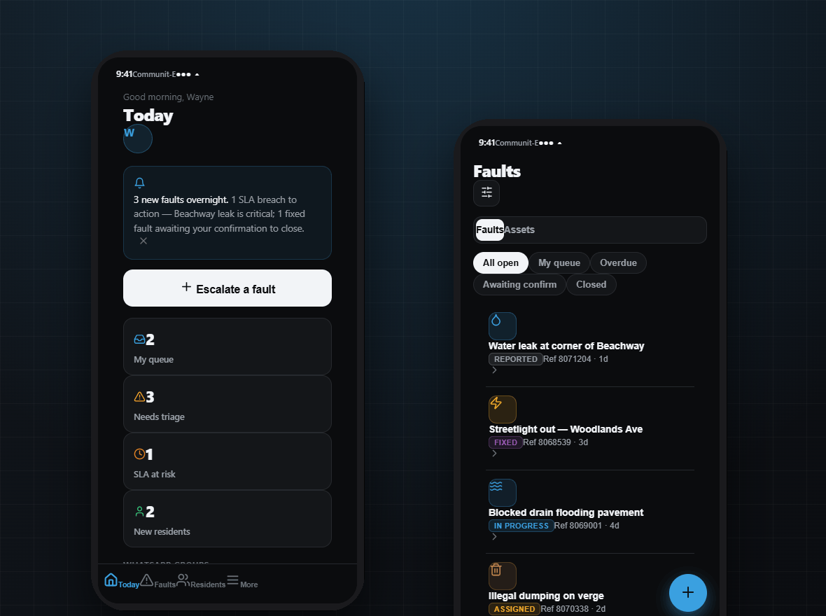 CommunitE app — Today overview and Faults list screens